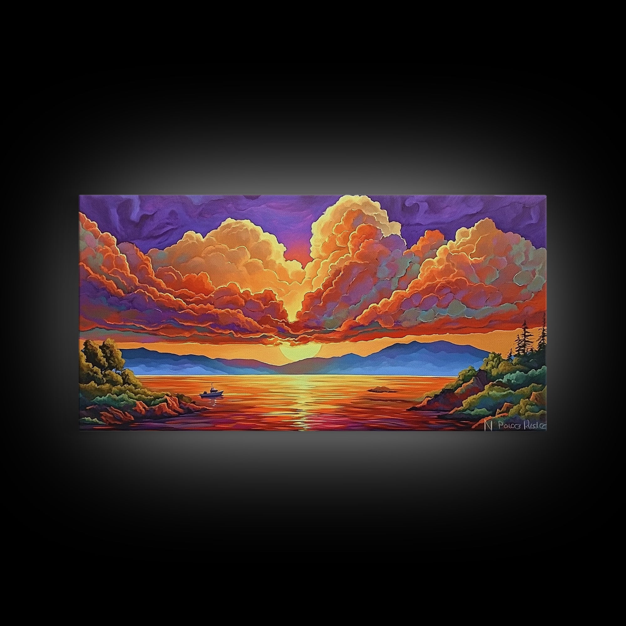 Boat Lake, Dramatic Sky, Sunset Clouds, Framed Canvas Print, Fall Landscape Art, Office Wall Decor, Vibrant Nature Scene, Moody Colors