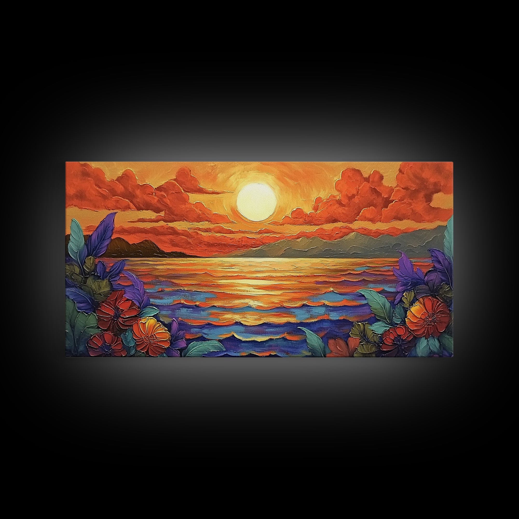 Flowers Sunset, Ocean View, Coastal Bloom, Framed Canvas Print, Vibrant Nature Art, Kitchen Wall Decor, Beach Garden Scene, Bold Colors