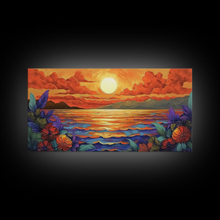 Flowers Sunset, Ocean View, Coastal Bloom, Framed Canvas Print, Vibrant Nature Art, Kitchen Wall Decor, Beach Garden Scene, Bold Colors
