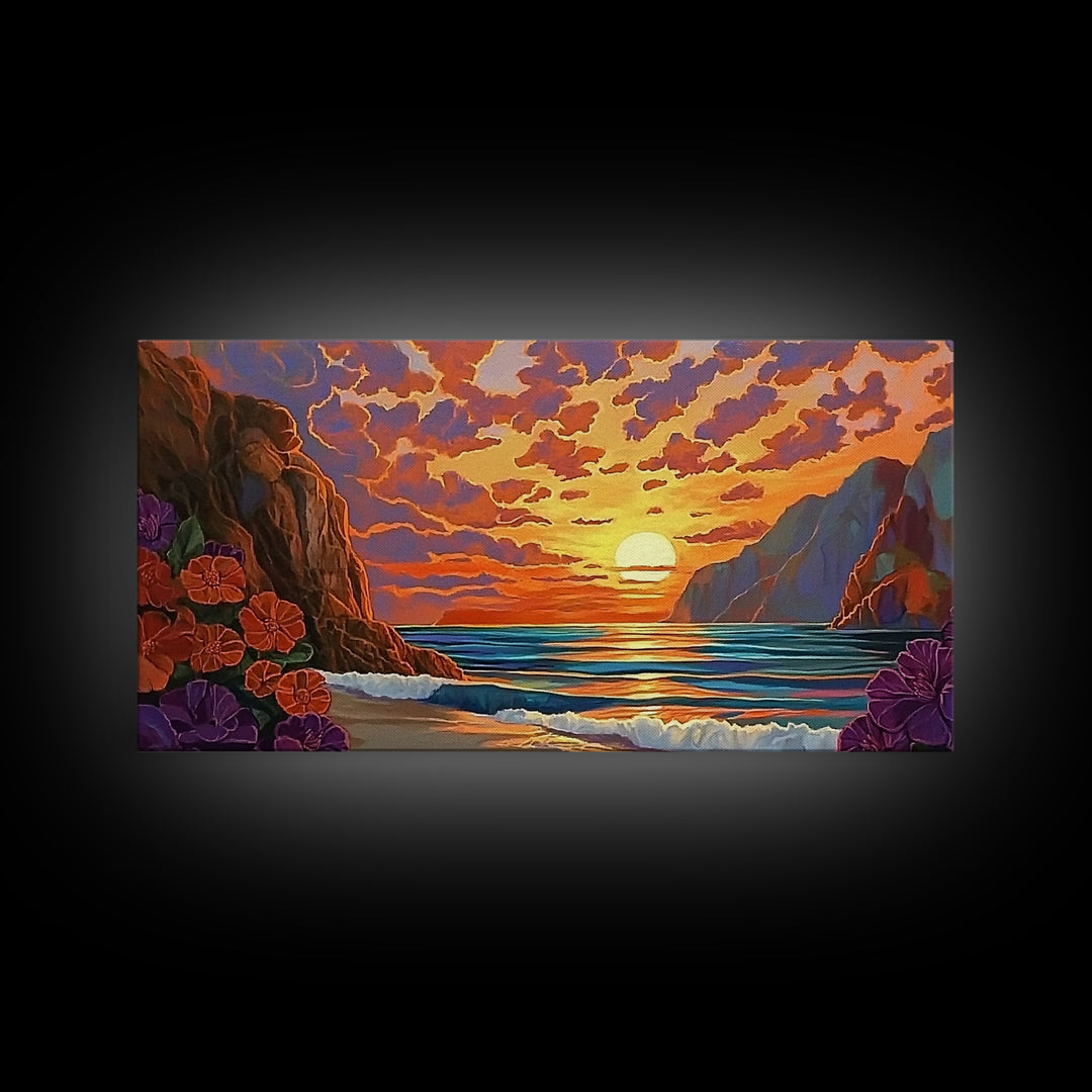 Beach Cliffs, Sunset, Vibrant Sky, Framed Canvas Print, Boho Coastal Art, Bedroom Wall Decor, Ocean View Painting, Tropical Landscape