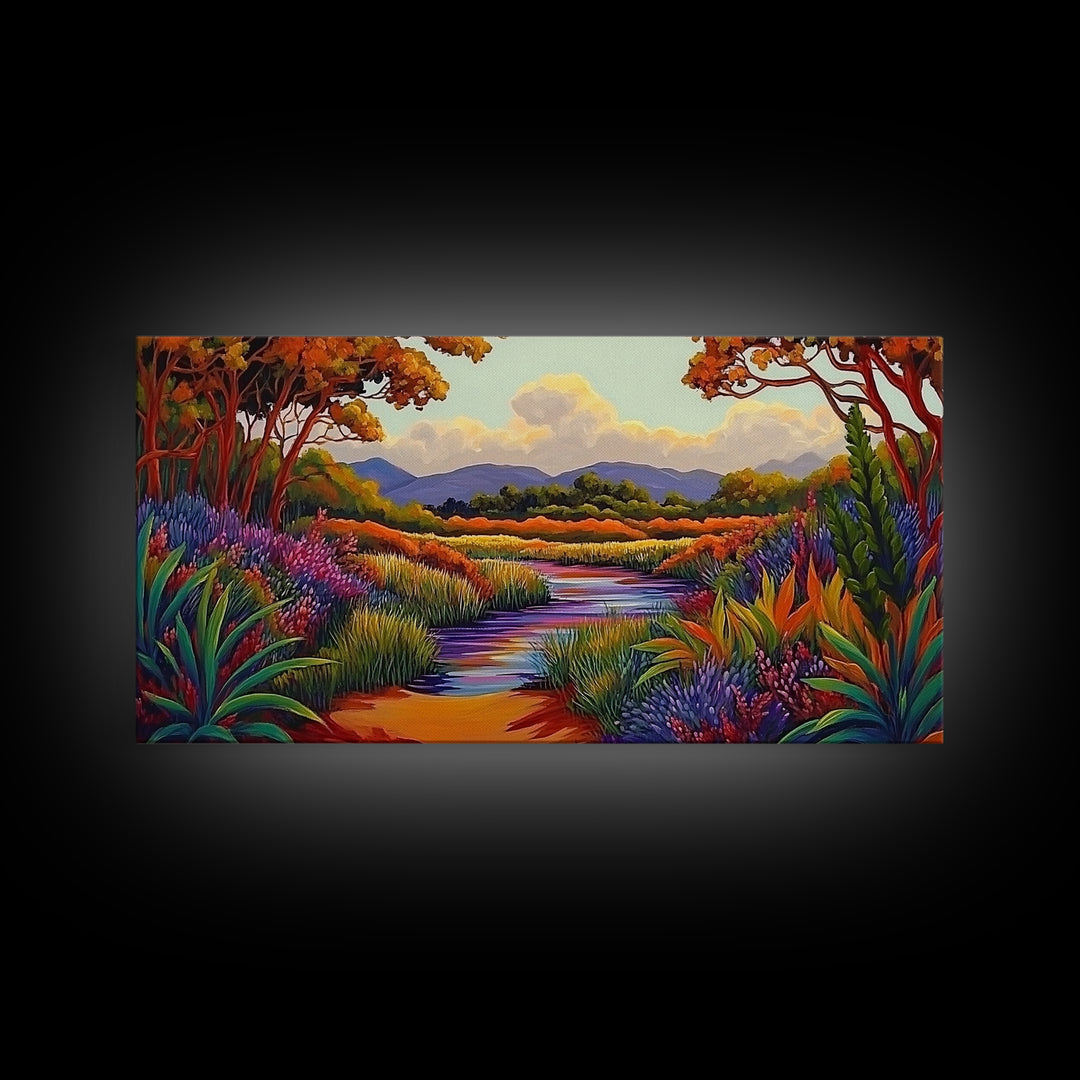 River Wildflowers, Autumn Trees, Mountain View, Framed Canvas Print, Fall Nature Art, Kitchen Wall Decor, Boho Landscape Painting