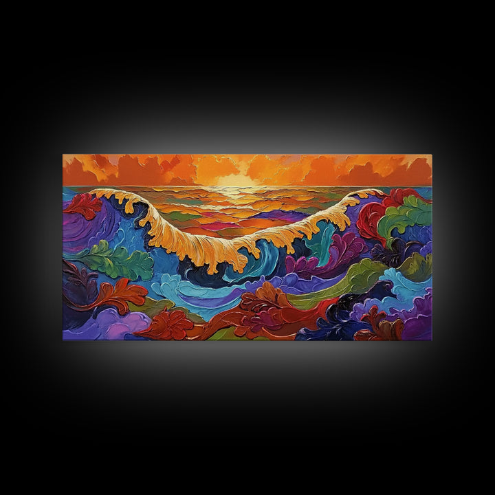 Ocean Abstract, Waves, Sunset, Framed Canvas Print, Surreal Coastal Art, Living Room Wall Decor, Fantasy Seascape, Boho Expressionist