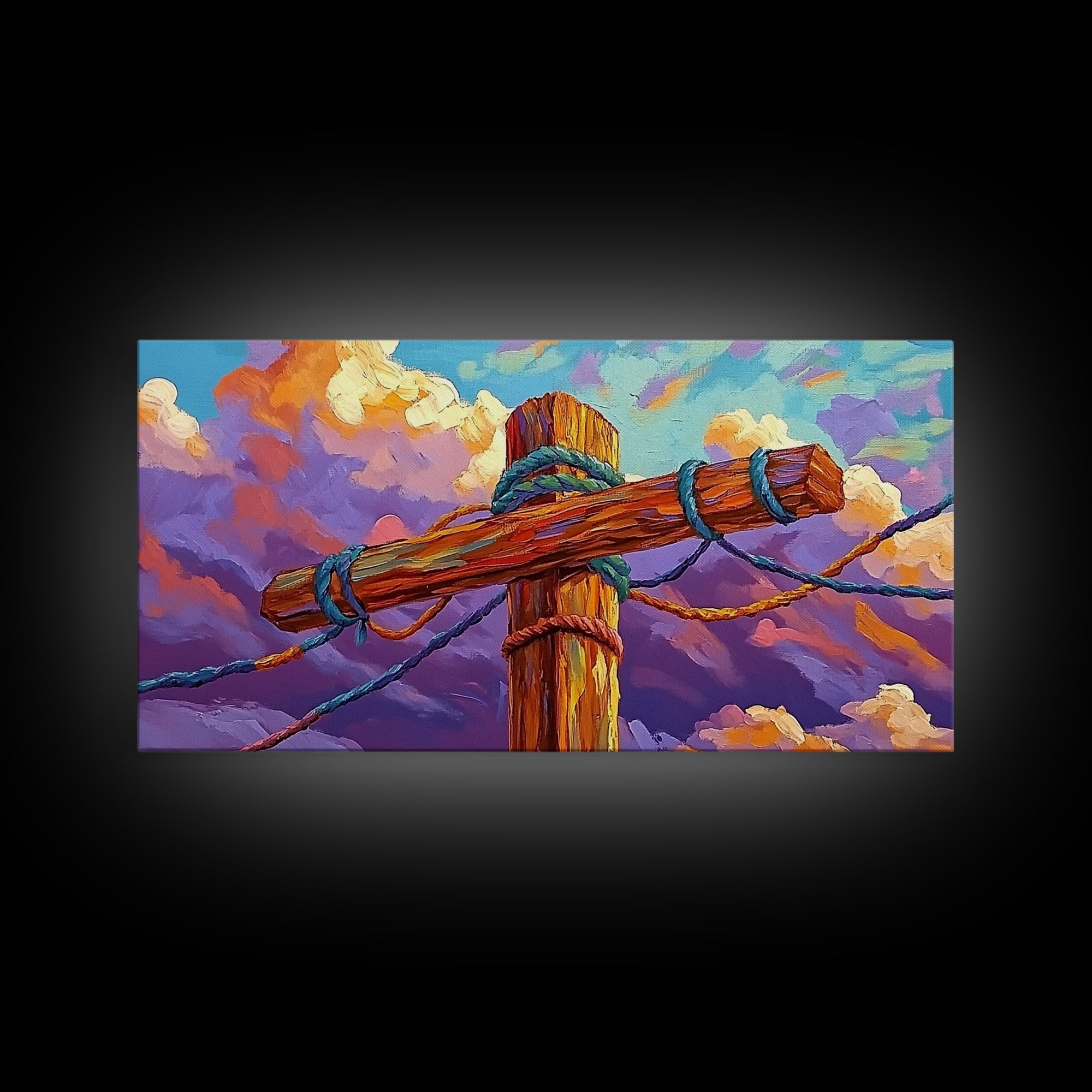 Wooden Pole, Nautical, Rope, Clouds, Framed Canvas Print, Rustic Coastal Art, Bathroom Wall Decor, Ocean-Inspired, Beach House Style
