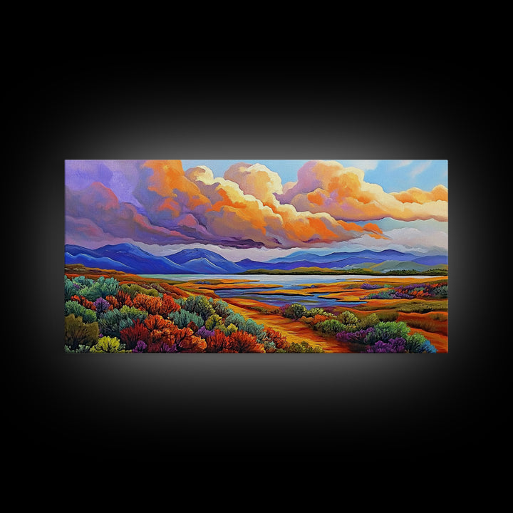Autumn Mountains, Path, Landscape, Framed Canvas Print, serene autumn mountain scene with vibrant clouds, colorful field trail art