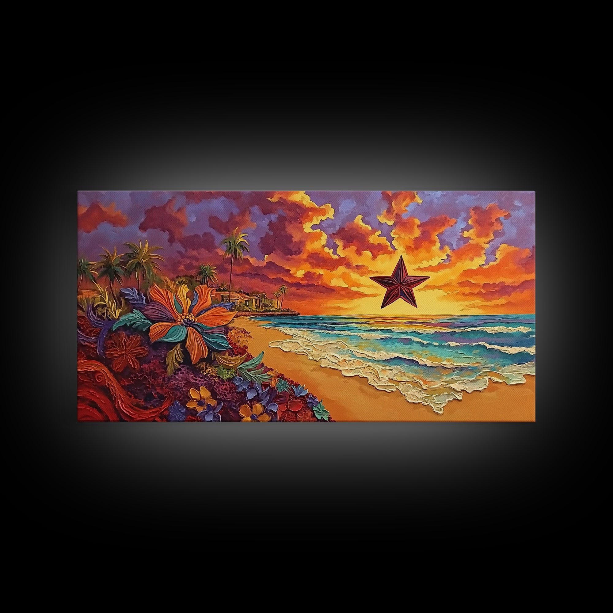 Beach Star, Flower, Sunset, Framed Canvas Print, beach sunset art with star, bold tropical flowers, palm trees, vivid sky, living room