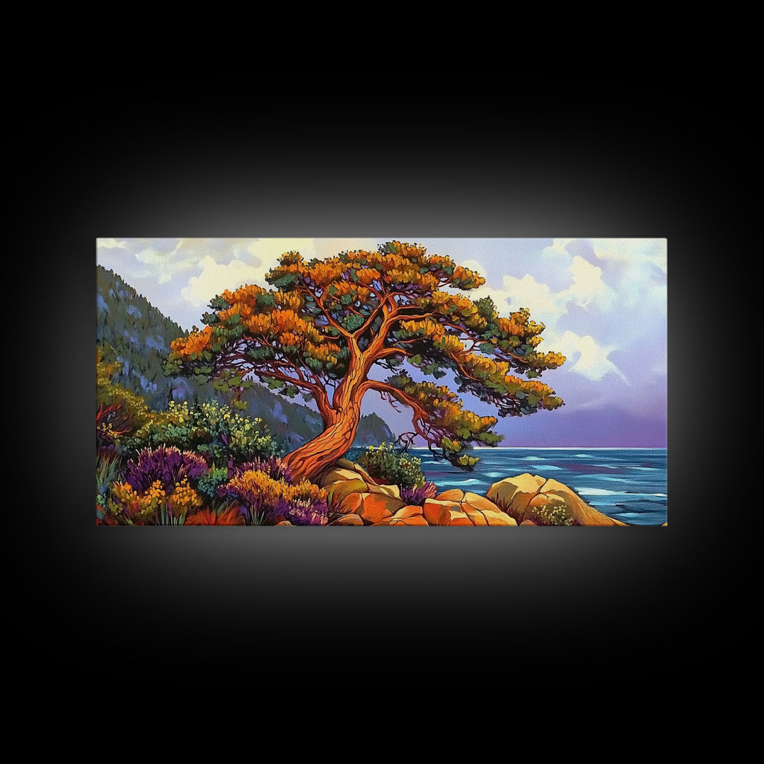 Coastal Tree, Sunset, Ocean, Vibrant tree coastal scene, Canvas Print, Fall Decor, Nature Art, Living Room Wall Art, Earthy Tones