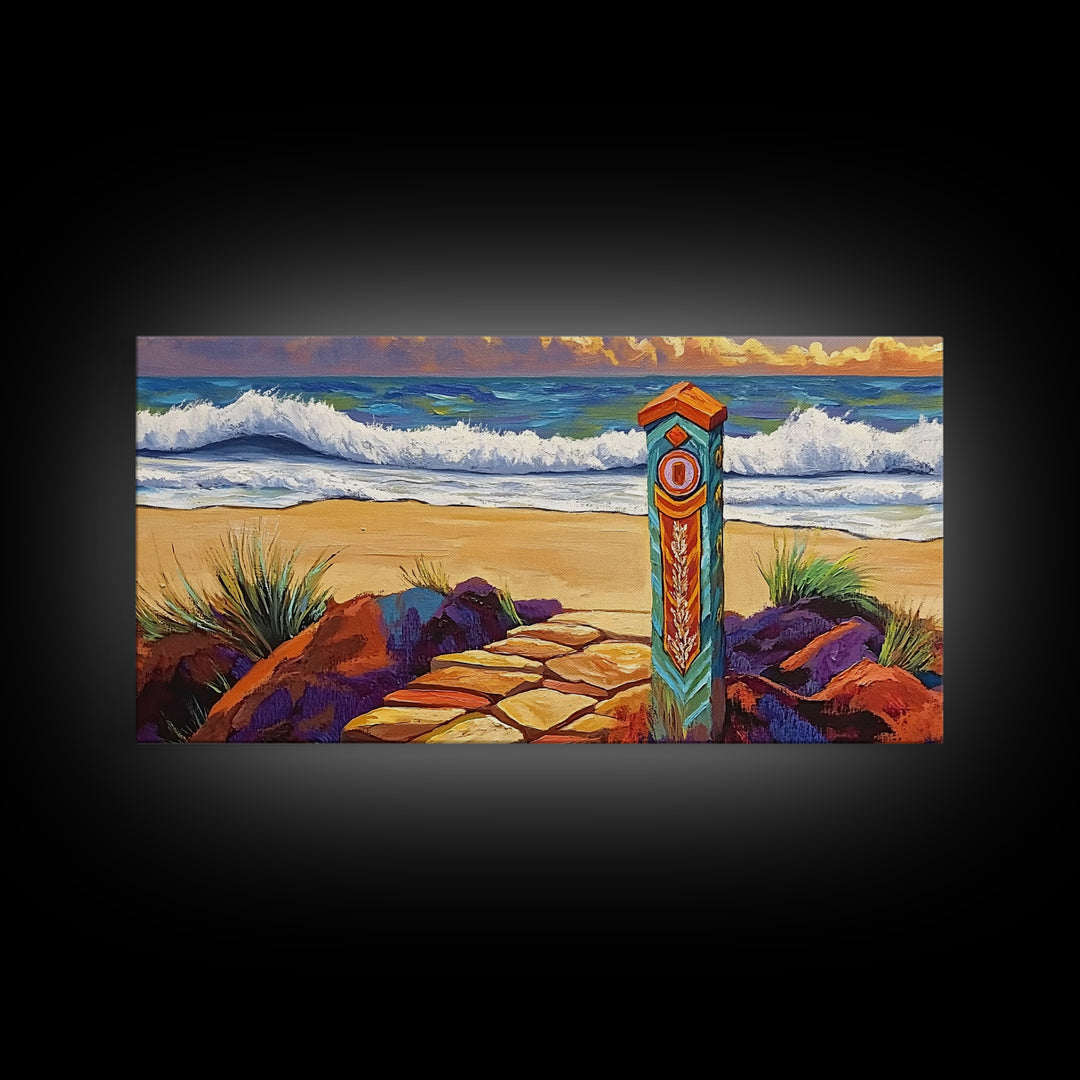 Beach Path, Waves, Nature, Ocean path with pillar, Framed Canvas Print, Coastal Decor, Vibrant Wall Art, Bathroom or Hallway Art
