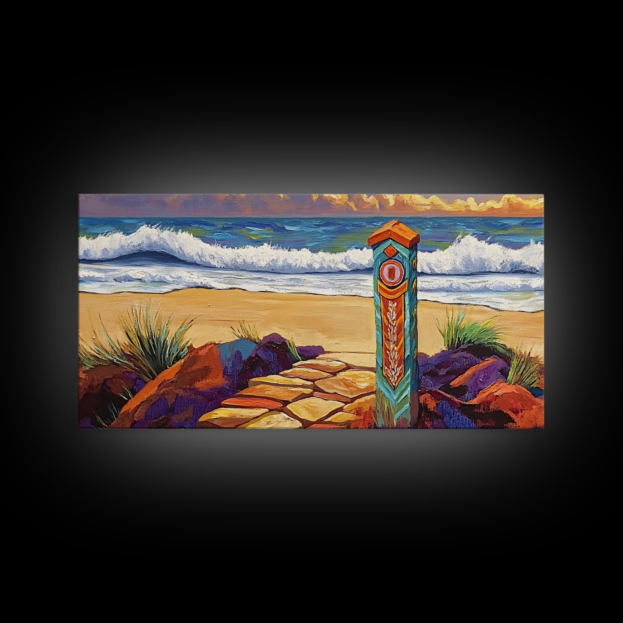 Beach Path, Waves, Nature, Ocean path with pillar, Framed Canvas Print, Coastal Decor, Vibrant Wall Art, Bathroom or Hallway Art