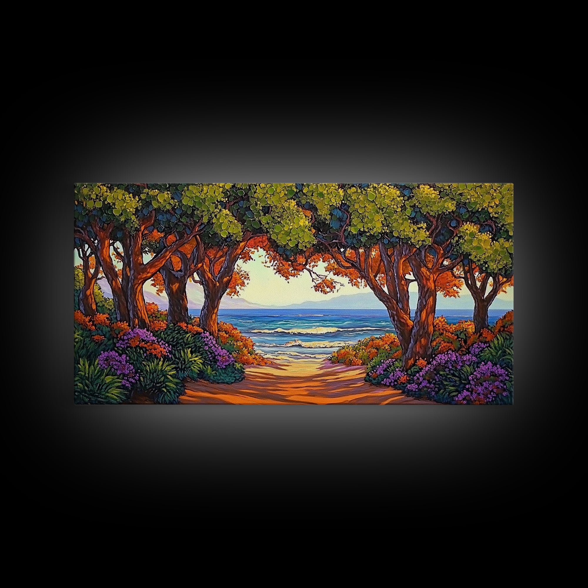 Beach Trees, Tunnel, Ocean, Sunset beach tunnel view, Framed Canvas Print, Coastal Boho Decor, Romantic Seaside Wall Art