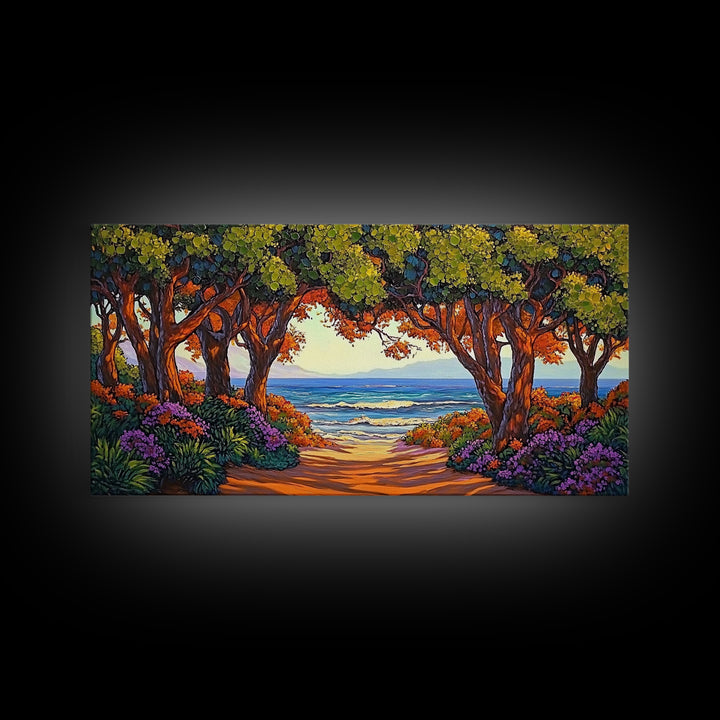 Beach Trees, Tunnel, Ocean, Sunset beach tunnel view, Framed Canvas Print, Coastal Boho Decor, Romantic Seaside Wall Art