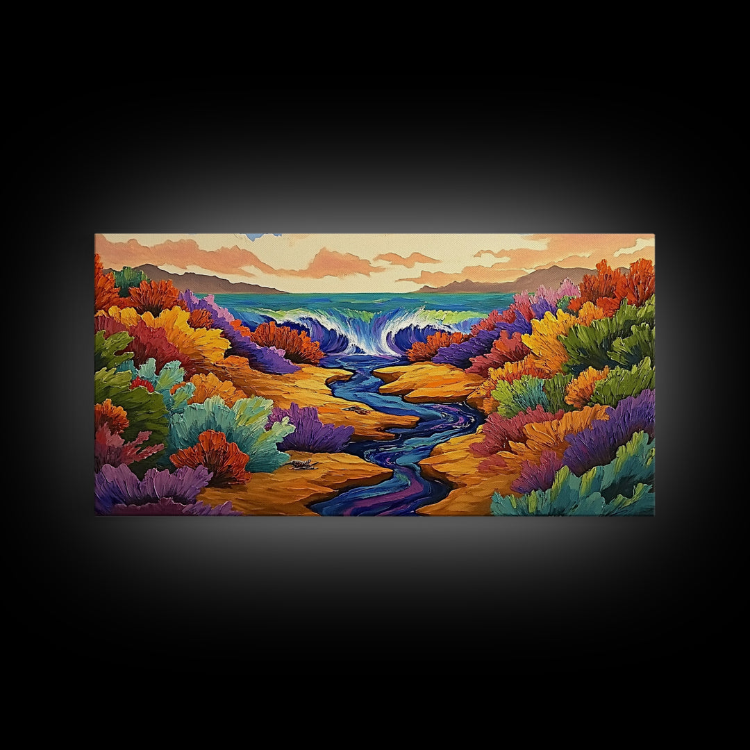 Waterfall, Canyon, Nature, Ocean, Framed Canvas Print, Boho wall art, nature landscape art, vibrant waterfall decor, bathroom wall art