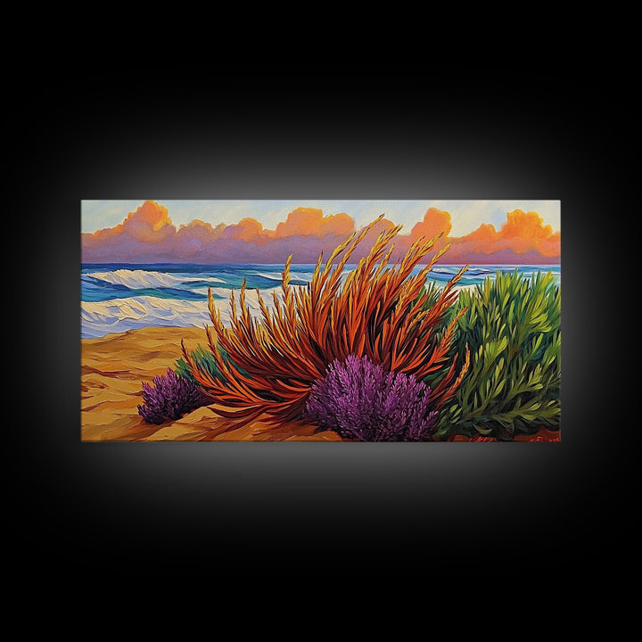 Beach, Sunset, Grasses, Coastal, Canvas Print, Tropical coastal wall art, desert beach boho art, modern bathroom art, hallway decor