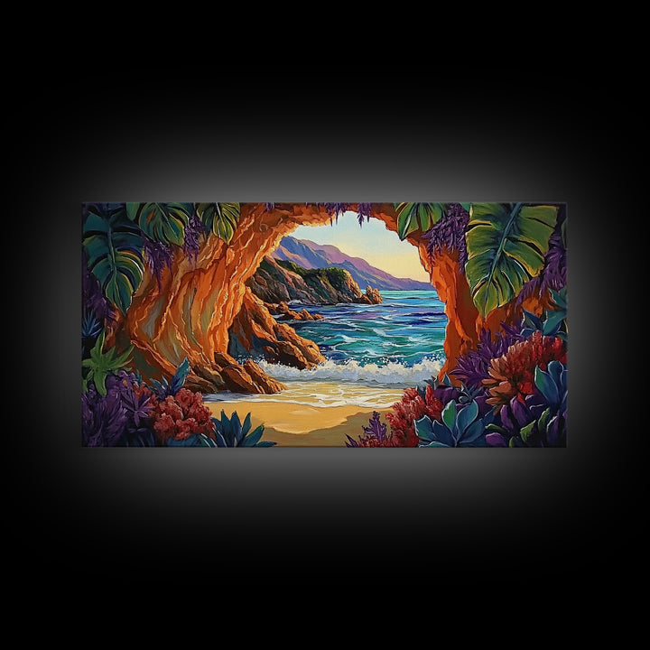 Cave, Beach, Jungle, Ocean, Canvas Print, Coastal jungle scene, tropical beach view, living room or entryway boho wall decor