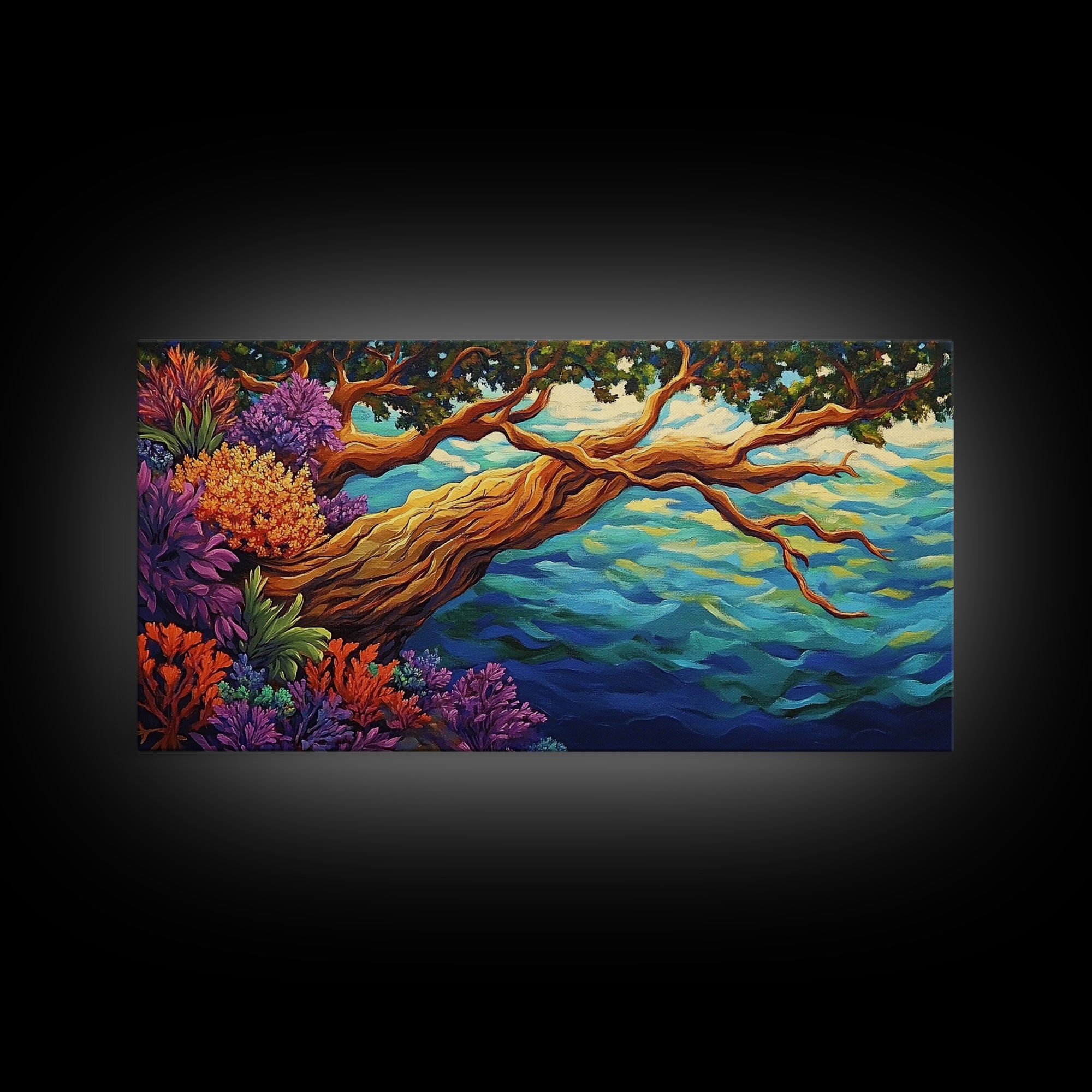 Tree, Ocean, Cliffside, Wildflowers, Framed Canvas Print, Vibrant ocean view, coastal tree decor, autumn style living room wall art