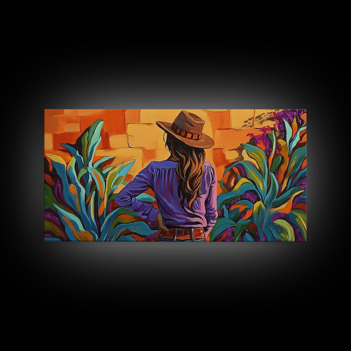 Cowgirl Desert, Vibes, Art, Framed Canvas Print, Western woman cactus wall art, rustic country home decor, southwestern living room