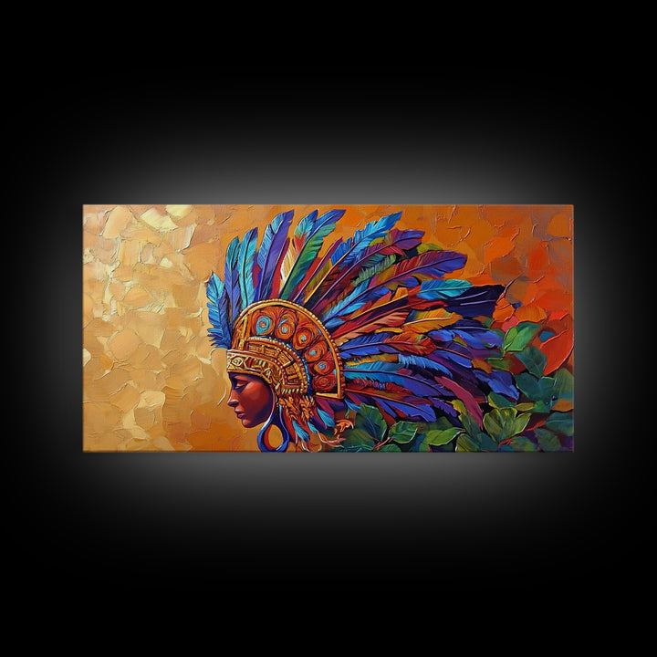 Aztec Warrior, Headpiece, Art, Framed Canvas Print, Indigenous feather headdress wall decor, bold bohemian accent, office statement
