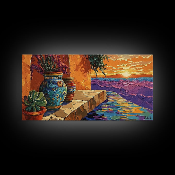 Sunset Terracotta, Patio, Art, Framed Canvas Print, Colorful Mexican pottery scene, vibrant tropical wall art, boho entryway decor