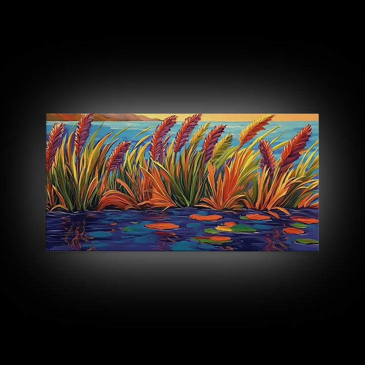 Autumn Lakeside, Grasses, Art, Framed Canvas Print, Fall coastal reed painting, rustic harvest decor, nature print, living room wall