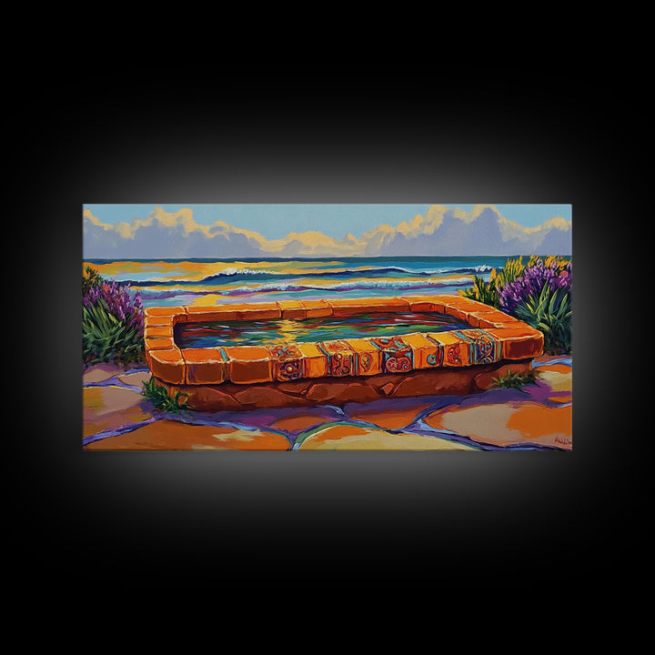 Ocean Terrace, Bath, Scene, Framed Canvas Print Mexican tile spa ocean view, tropical coastal wall art, vibrant bathroom or garden print