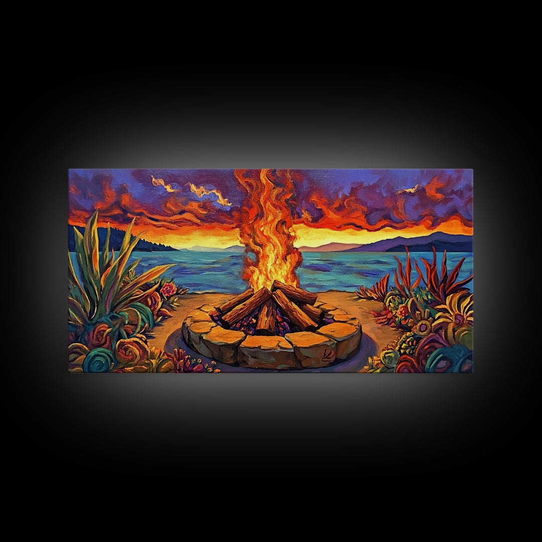 Campfire Desert, Sunset, Fiery Skies, bold landscape Canvas Print, autumn outdoor art, cozy rustic living room wall décor
