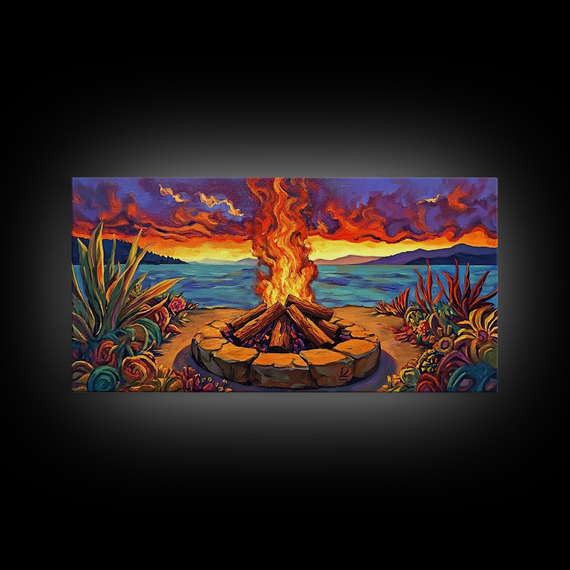 Campfire Desert, Sunset, Fiery Skies, bold landscape Canvas Print, autumn outdoor art, cozy rustic living room wall décor