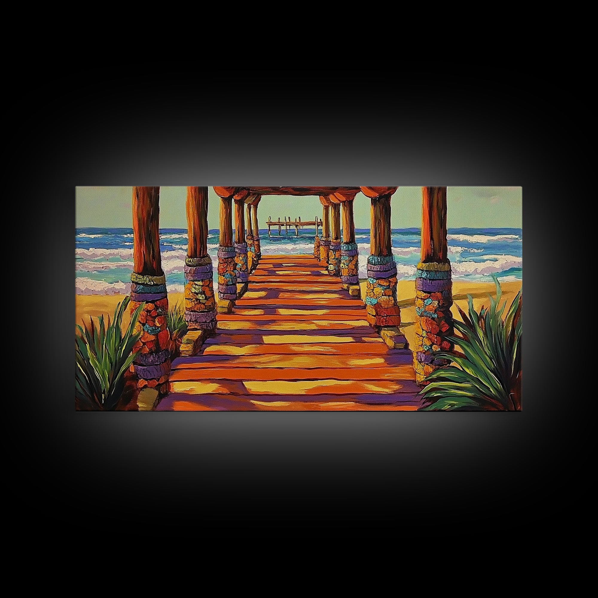 Pier Beach, Sunset, Vibrant, Canvas Print tropical coastal wall art, beach hallway decor, ocean waves painting, summer home artwork
