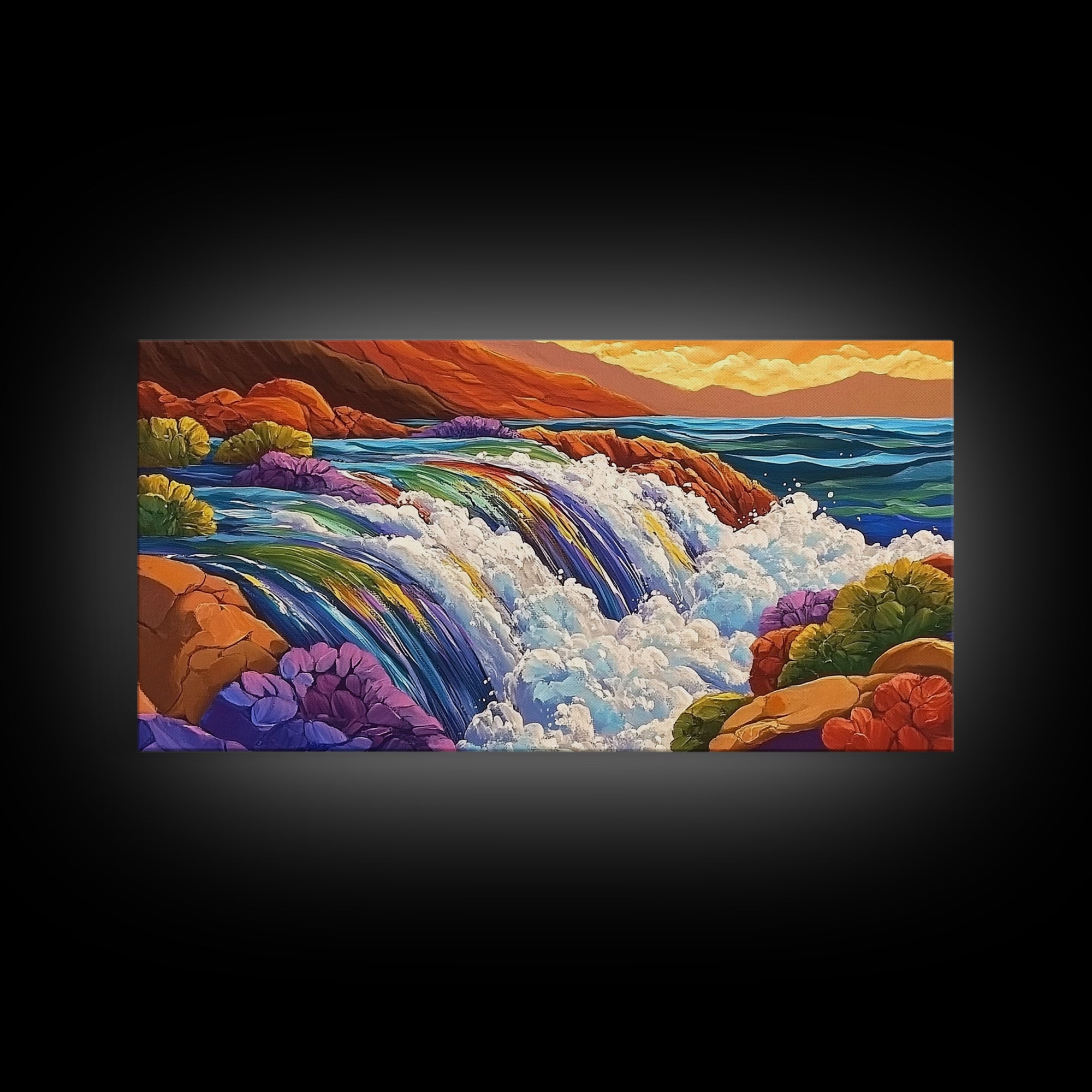 Waterfall Rainbow, Canyon, Bold, Framed Canvas Print vibrant nature bathroom decor, boho rainbow mountain wall art, fantasy print