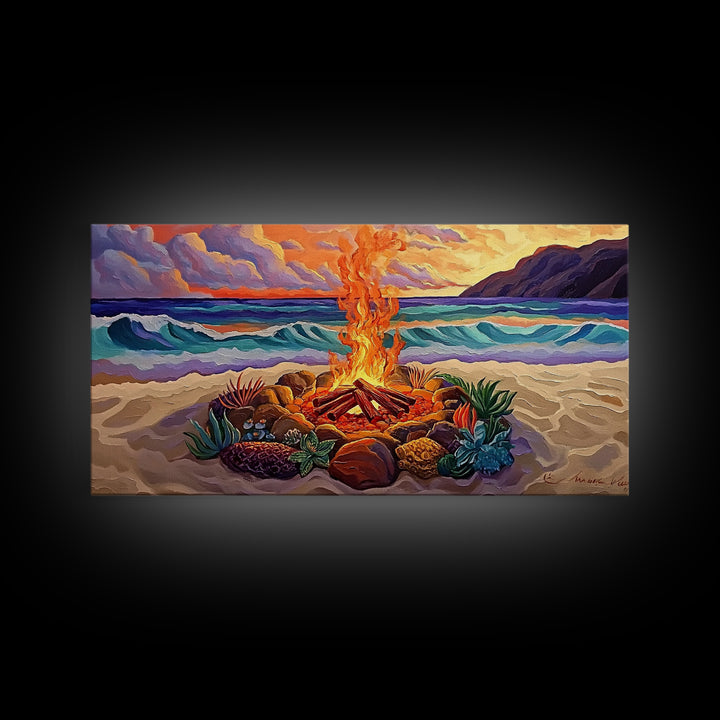 Beach Campfire, Sunset, Tropical Vibes, island evening Canvas Print, fall boho decor, colorful beach firepit living room wall art
