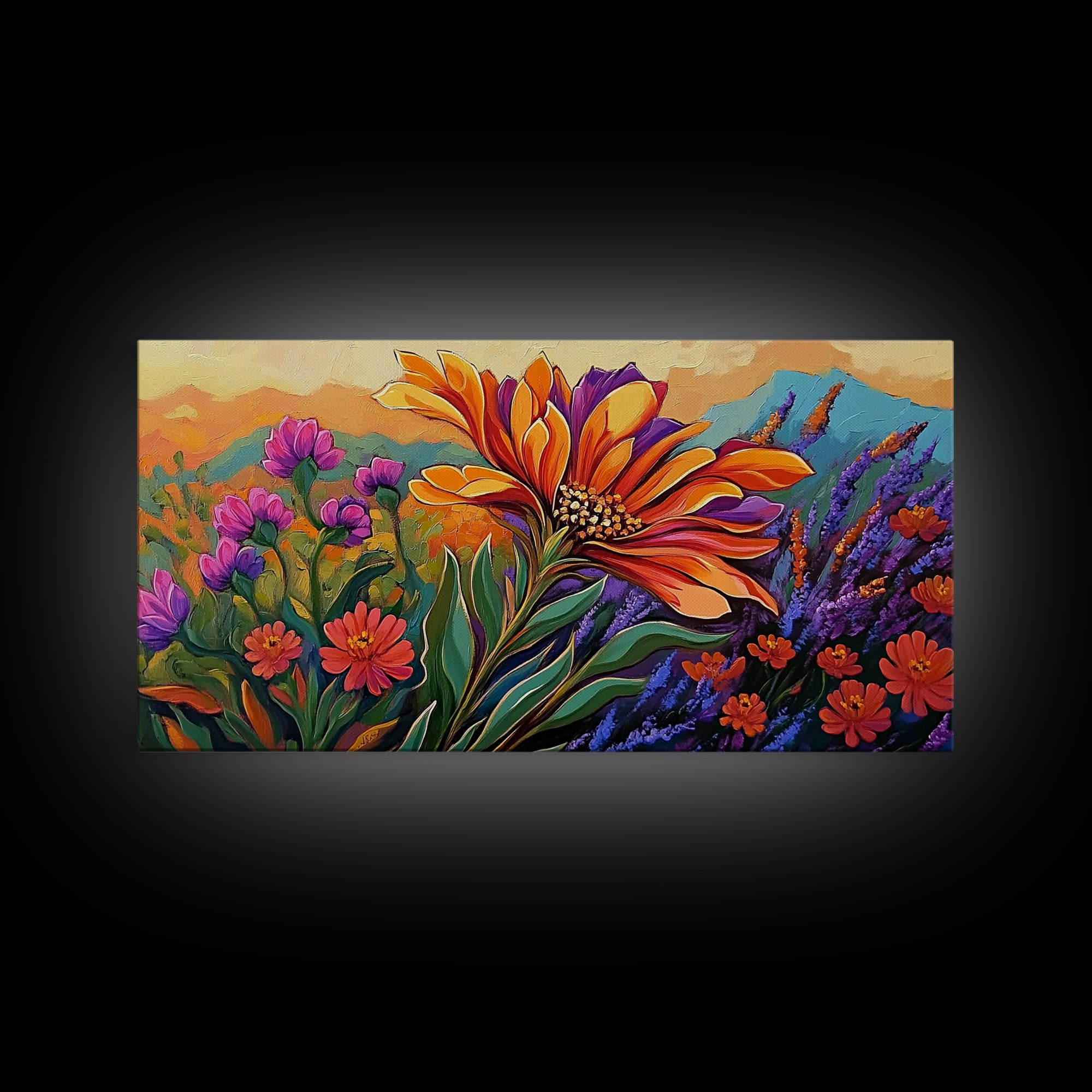 Flower Sunrise, Field, Vibrant, Canvas Print boho floral bedroom wall art, wildflower sunrise nature decor, garden field artwork
