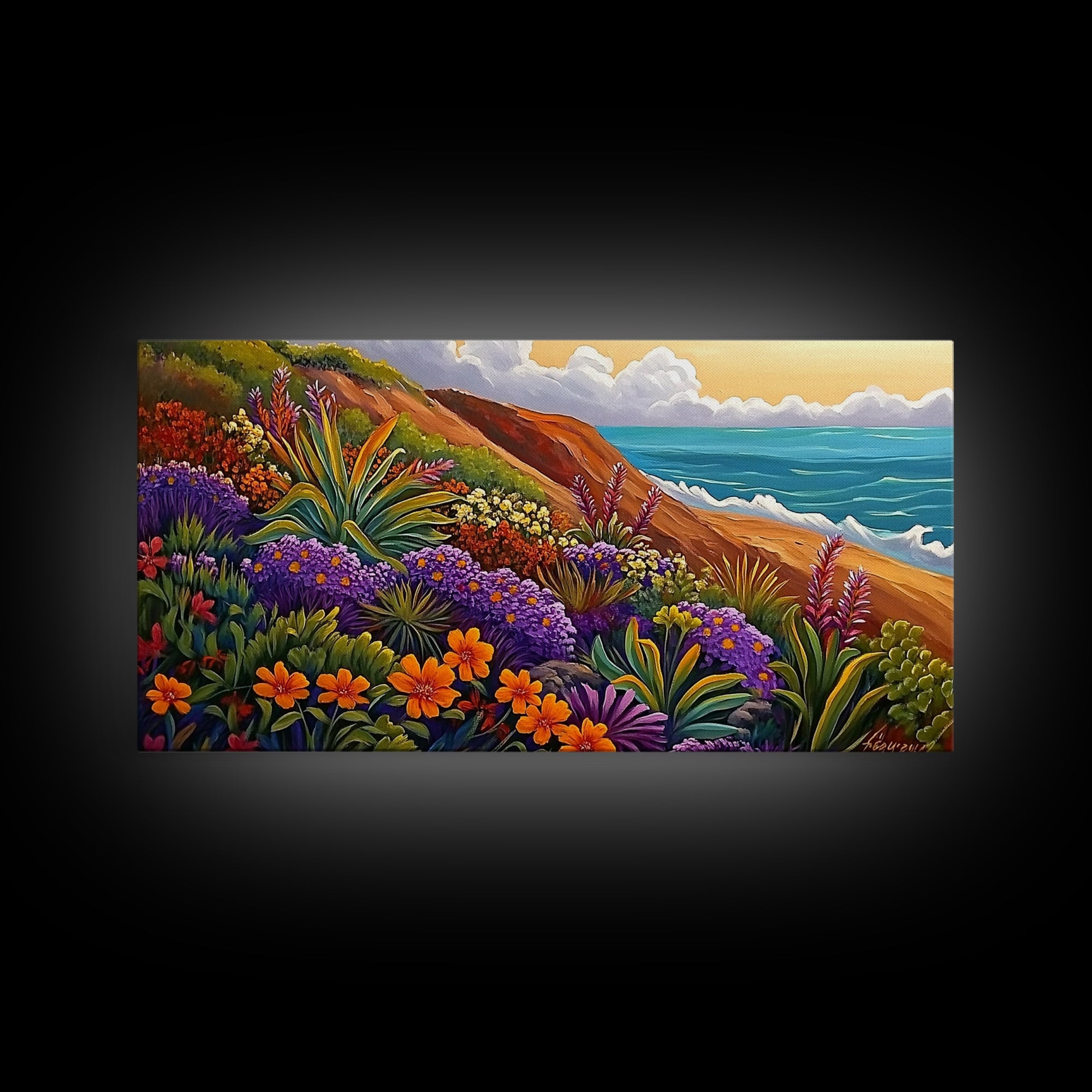 Coastal Floral, Landscape Painting, Canvas Print, vibrant beach flowers, ocean view wall decor, boho style Living Room Wall Art