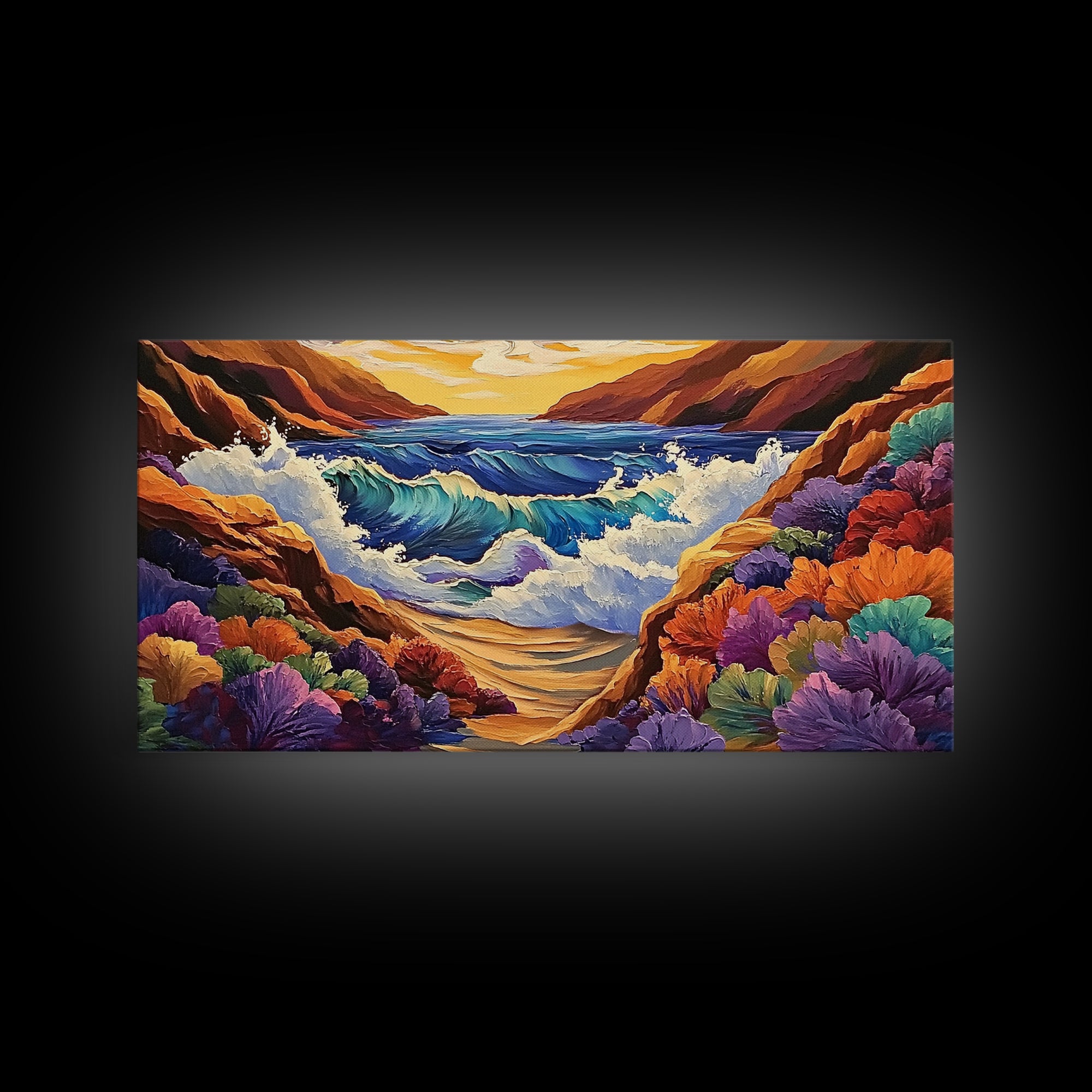 Ocean Sunset, Wave Splash, Framed Canvas Print, colorful crashing waves, rocky coast wall decor, Beach House Wall painting