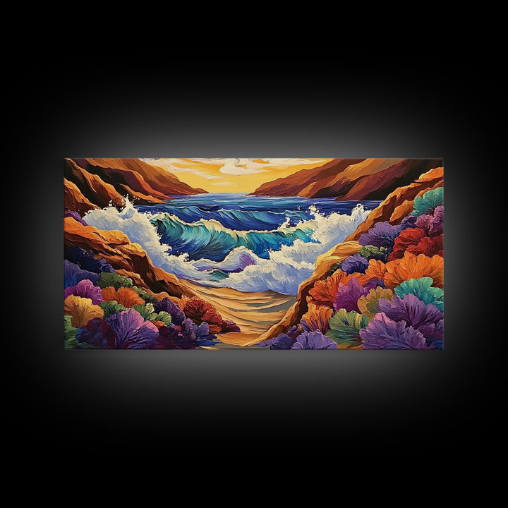 Ocean Sunset, Wave Splash, Framed Canvas Print, colorful crashing waves, rocky coast wall decor, Beach House Wall painting