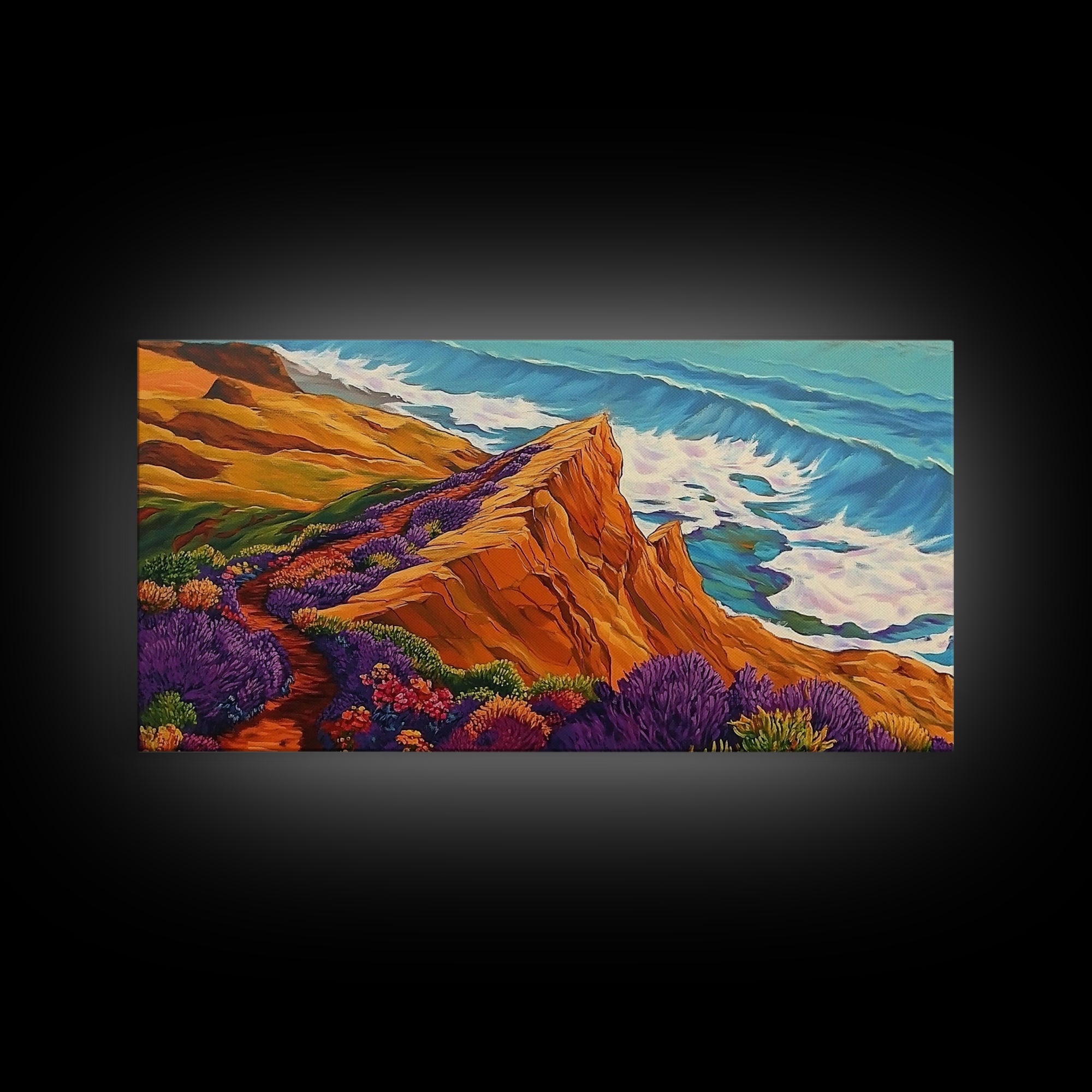 Cliff Flowers, Ocean Horizon, Framed Canvas Print, bold floral bluff, coastline scene, vibrant scenic Kitchen Wall Art, boho decor