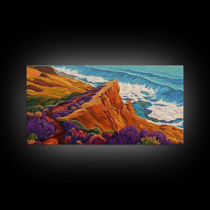Cliff Flowers, Ocean Horizon, Framed Canvas Print, bold floral bluff, coastline scene, vibrant scenic Kitchen Wall Art, boho decor