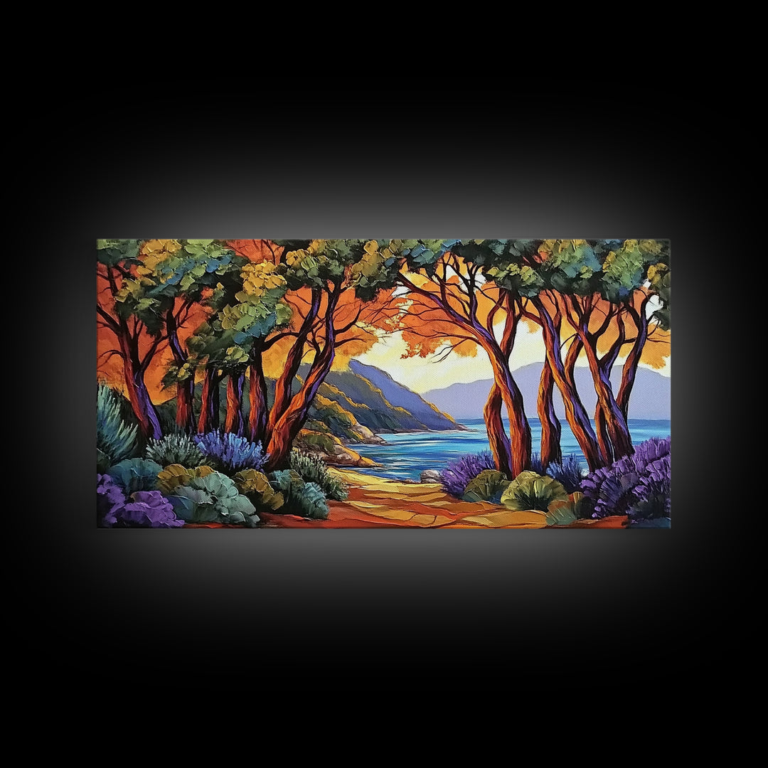 Trees Autumn, Ocean Trail, Canvas Print, Fall landscape, trees leading to ocean view, colorful palette, Living Room Wall Art