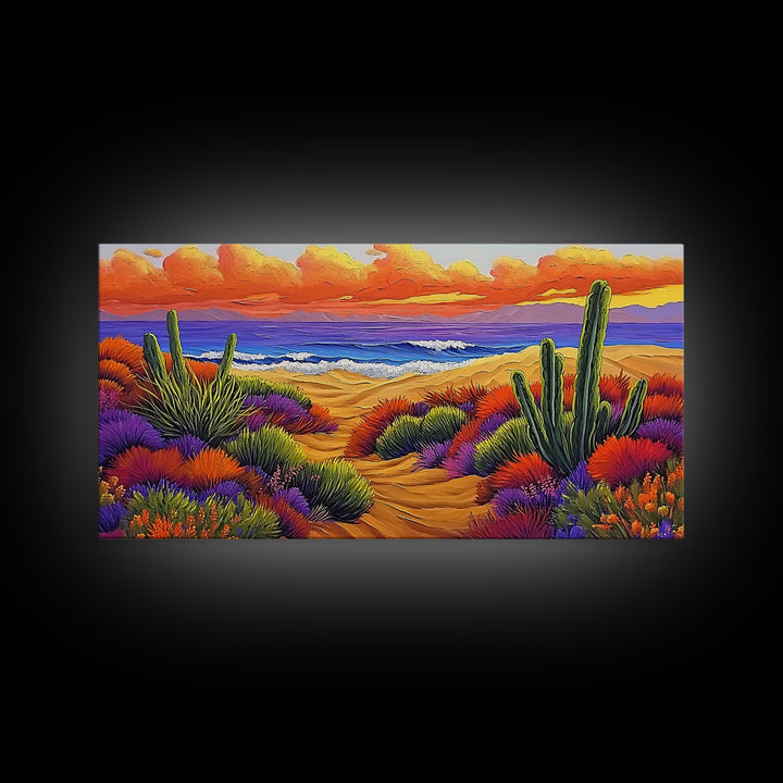 Cactus Sunset, Desert Painting, Framed Canvas Print, vibrant desert coastline, colorful flora, boho ar,t Southwest Style Entryway