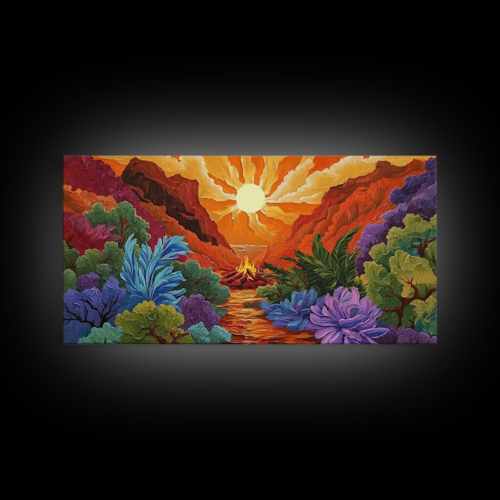 Campfire Valley, Sunset, Vivid Sky, bright forest Canvas Print, fall nature decor, bold boho fire painting, cozy cabin wall art