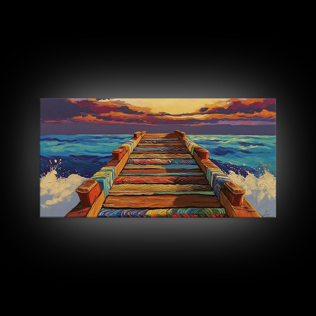 Ocean Pier, Sunset Seascape, Beach House Art, Rustic Dock, Nautical Wall Art, Colorful Painting, Coastal Landscape, Canvas Print