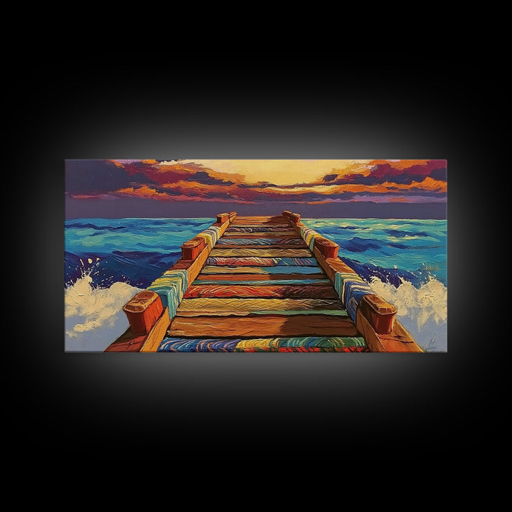 Ocean Pier, Sunset Seascape, Beach House Art, Rustic Dock, Nautical Wall Art, Colorful Painting, Coastal Landscape, Canvas Print