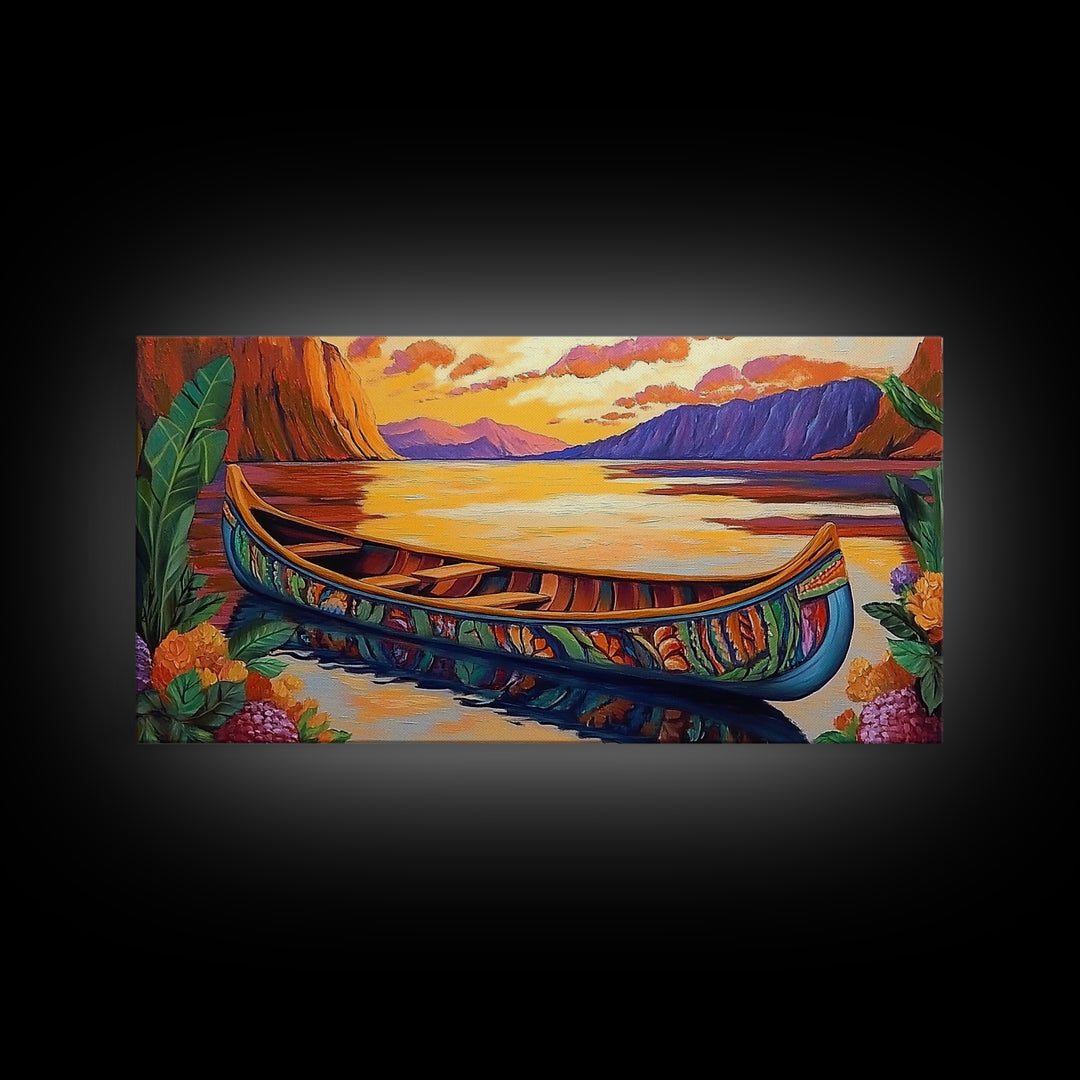 Canoe Tropical, Sunset Reflections, Serene Waters, exotic island Framed Canvas Print, tranquil boho decor, lakehouse wall art