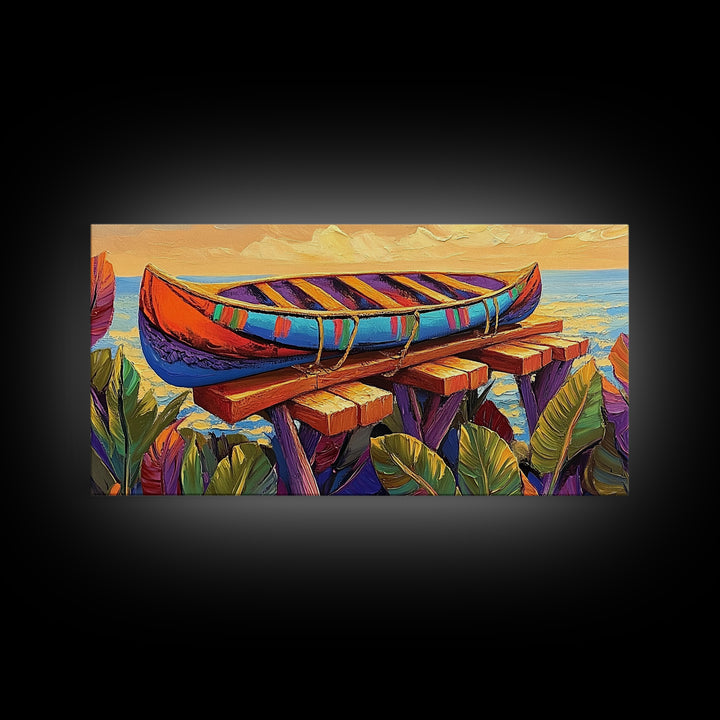 Canoe Dock, Ocean, Bold Palette, vibrant tropical Canvas Print, nautical boho art, playful beach house wall decor, summer vibes
