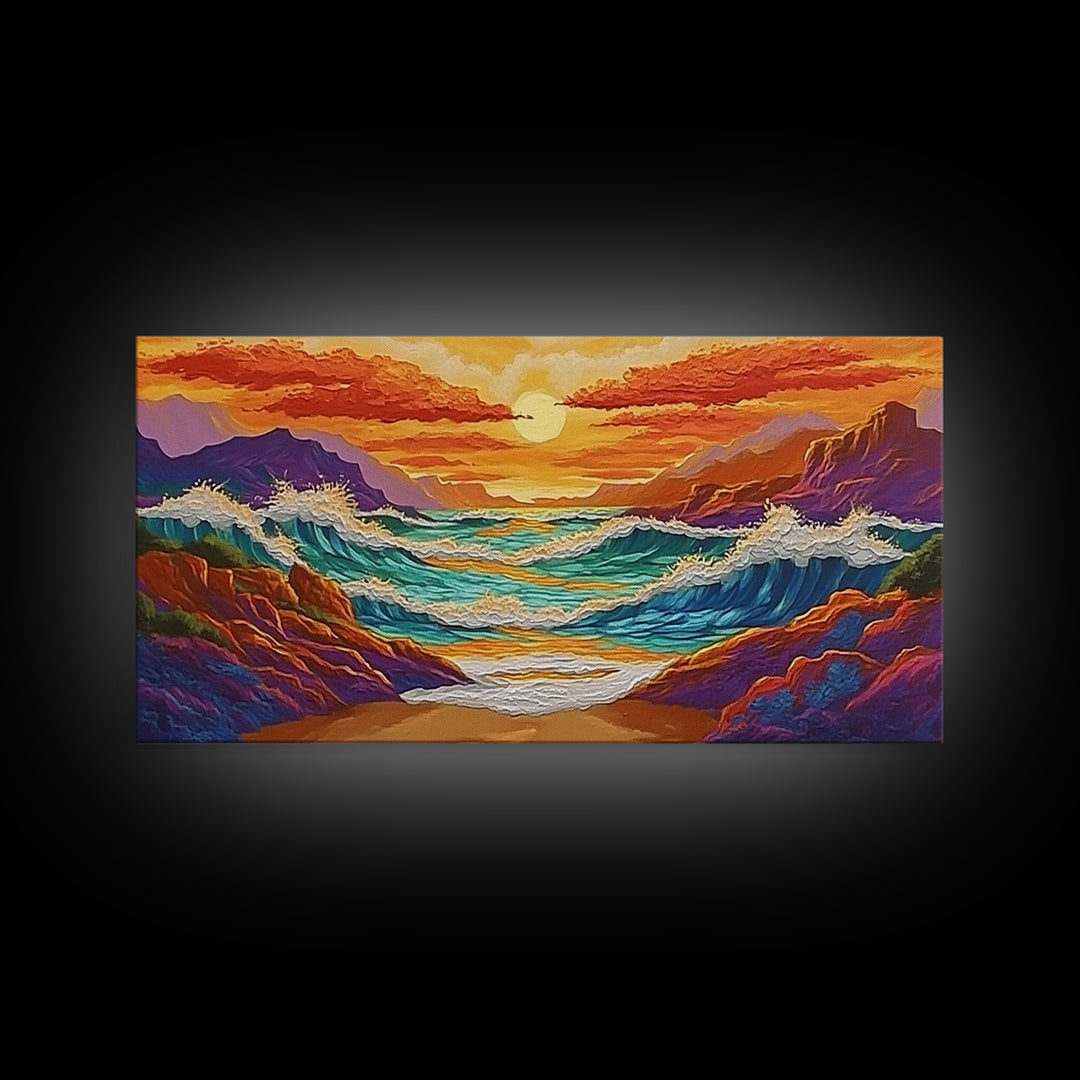 Coastal Sunset, Crashing, Waves, Canvas Print bold seascape painting Living Room Wall Art tropical ocean wall decor beach house style