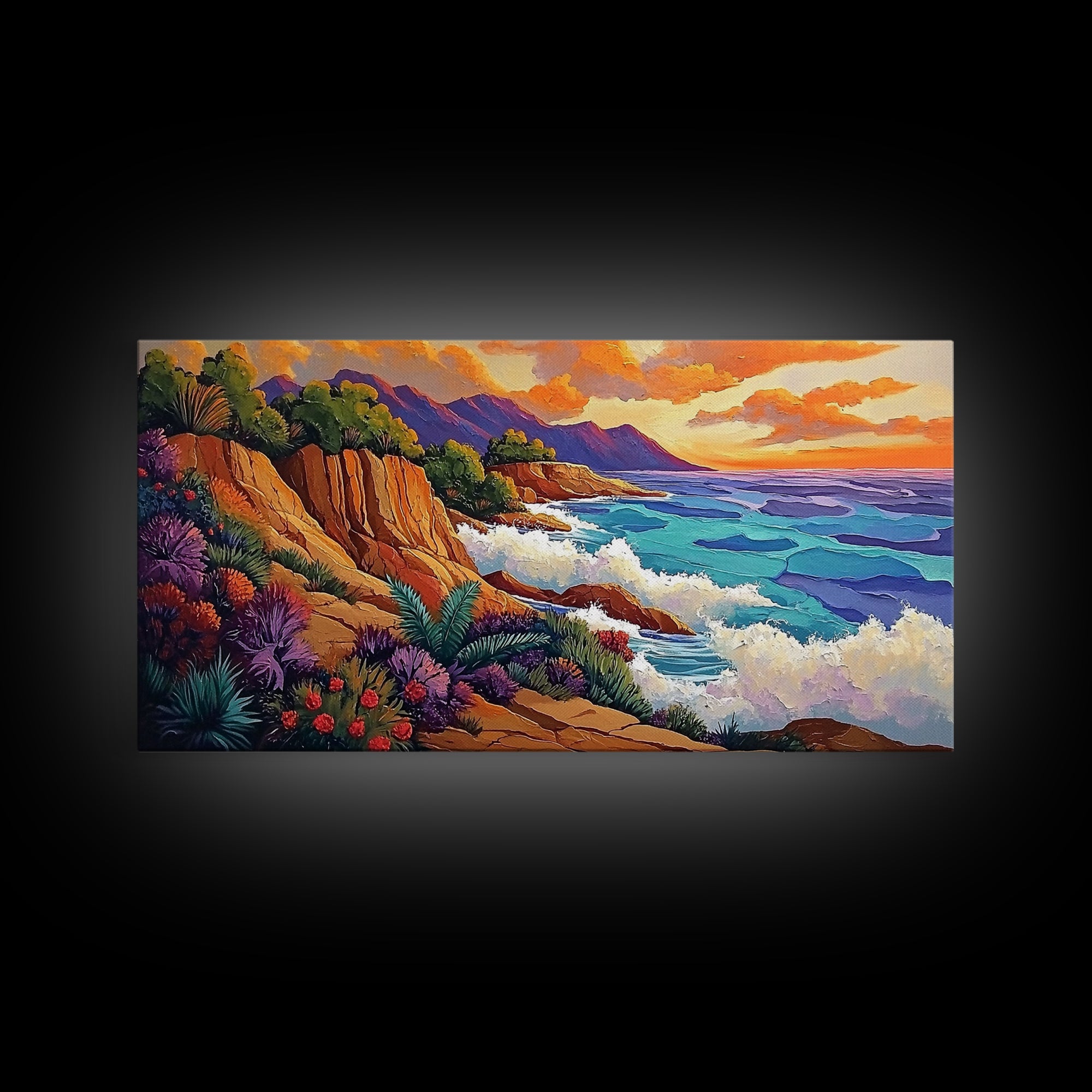 Ocean Cliffside, Sunset, View, Framed Canvas Print vibrant coastal nature artwork Living Room Wall Art beach house boho wall decor