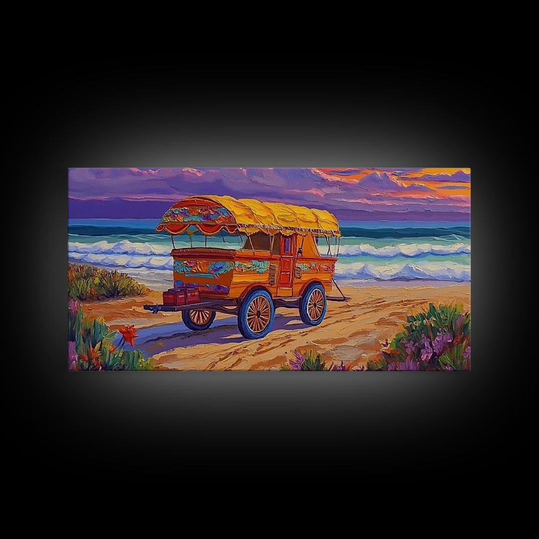 Beach Wagon, Sunset, Nostalgia, Canvas Print vintage coastal travel art Living Room Wall Art boho beach scene summer home vibe