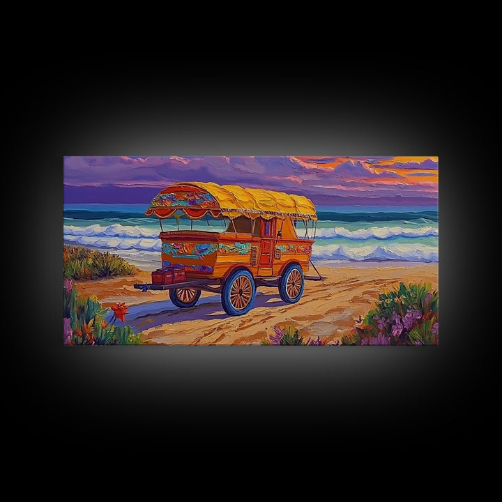 Beach Wagon, Sunset, Nostalgia, Canvas Print vintage coastal travel art Living Room Wall Art boho beach scene summer home vibe