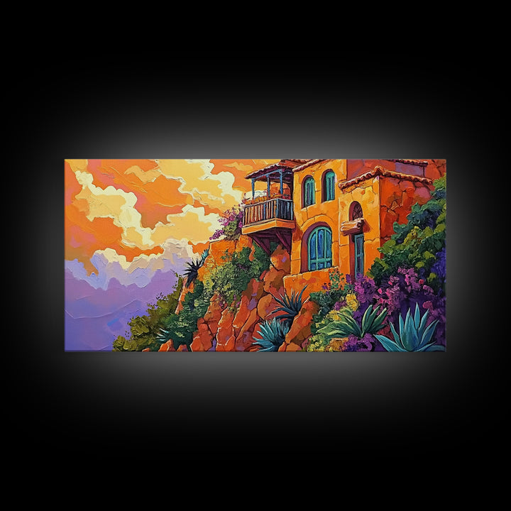 Cliffside House, Sunset, View, Desert boho mountain house, colorful Canvas Print, living room wall art, dramatic sky landscape painting