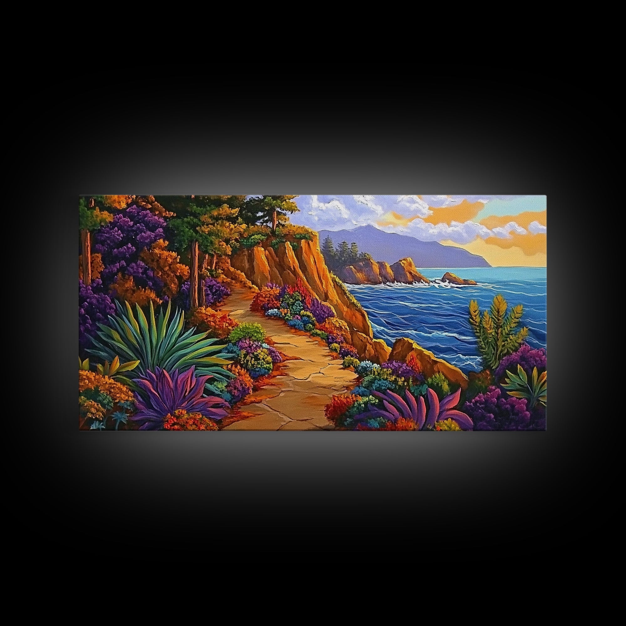 Pathway Ocean, Flowers, Escape, Coastal trail wall art, vibrant Canvas Print, bedroom nature painting, colorful California coast style