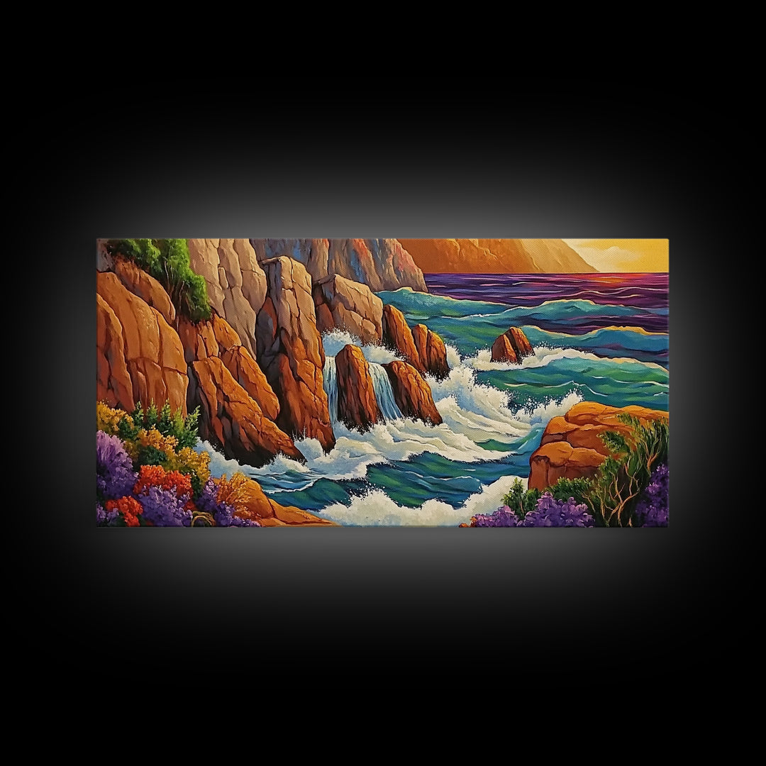 Rocks Waves, Sea, Energy, Dramatic cliff seascape Canvas Print, living room wall art, bold ocean decor, coastal energy painting