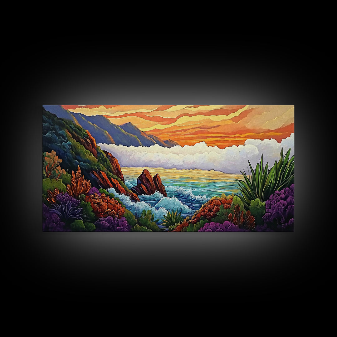 Ocean Sunset, Hills, Tropical, Serene beach Canvas Print, tropical landscape wall art, calming sunset painting, living room boho decor