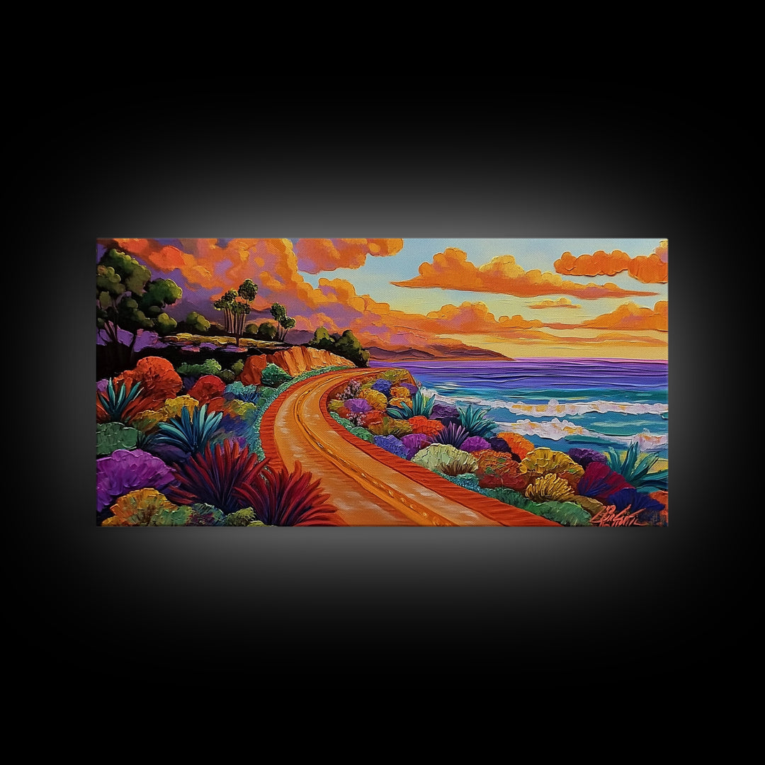 Coastal Train, Sunset, Framed Canvas Print, Vibrant coastal sunset railway painting, Colorful beachscape boho art, Hallway Wall Art